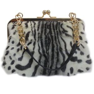 Luxury Mink Fur Leopard Print Handbag Small Kiss Lock Purse With Gold new